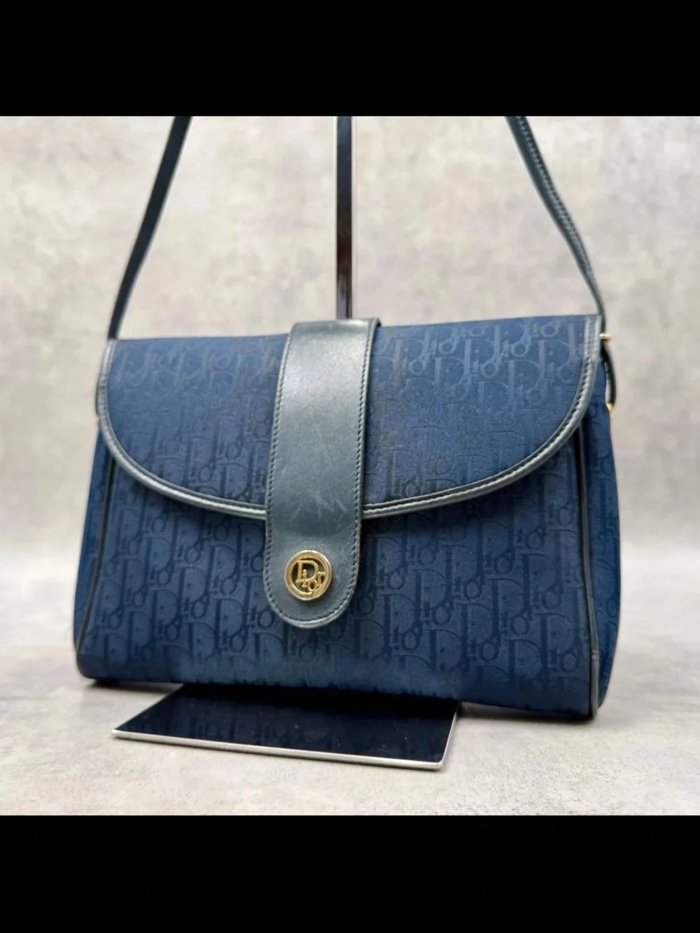 Dior Navy Monogram Shoulder Bag with Gold-Tone Logo
